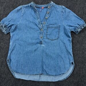 Pilcro Anthropologie Denim Henley Top Puff Sleeve Cotton Medium Blue Chambray